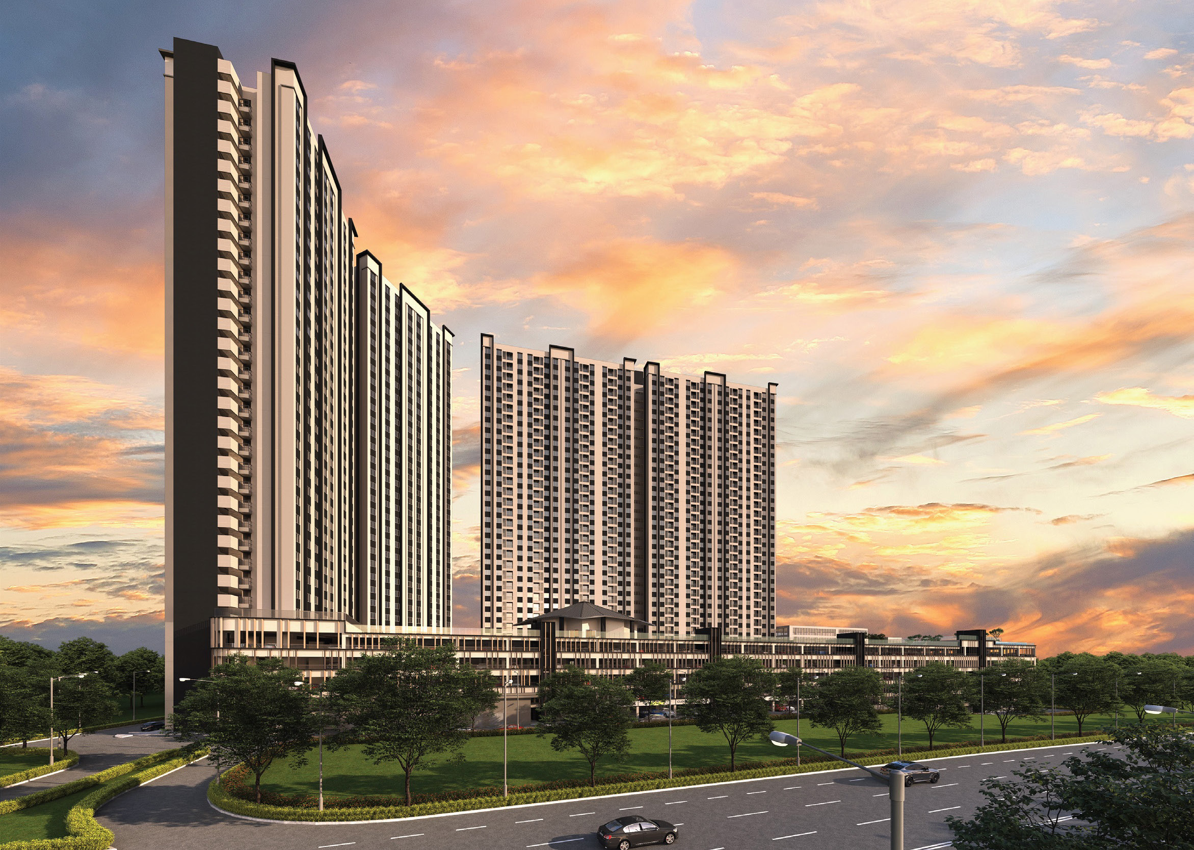 Residensi Armani Putra — Two towers rendering at sunset